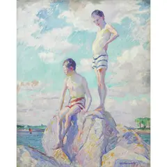 Sun Worshippers (Boys on Rocks) by Abel Warshavsky, oil on canvas, sold Apr 2022