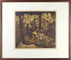 Market Day by Charles William Bartlett, etching and drypoint with hand coloring, sold Apr 2022