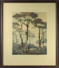 Landscape with Herder and Sheep by John Wesley Cotton, etching with aquatint, sold Apr 2022