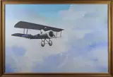 Biplane in Flight by Ross Whitlock, oil on canvas, sold Apr 2022