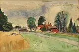 Buildings in a Landscape by Maud Eyston Frances Sumner, ink over watercolour on paper, sold May 2023