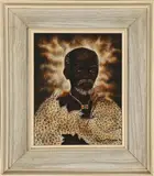 Portrait of a Man by Mizraim Maseko, oil on embossed hand-tooled leather, sold May 2023