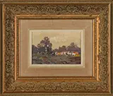 Houses in a Landscape by Malachi Smith, oil on board, sold May 2023