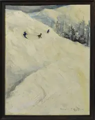 Untitled by Heather St Clair Davis, oil on artist board; "The Last Run", sold Jan 2021