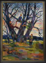 Young Men in a Tree by J. Philip Richards, Oil on masonite, sold Jan 2021