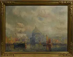 Venice Canal Harbor Scene by Frederick Leo Hunter, Oil on canvas, sold Jan 2021