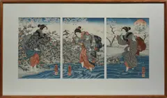 The Crystal River at Ide in Yamashiro Province by Utagawa Kuniyoshi, woodblock triptych. The reverse with label denoting artist, sold Jan 2021