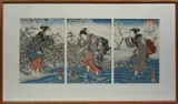 The Crystal River at Ide in Yamashiro Province by Utagawa Kuniyoshi, woodblock triptych. The reverse with label denoting artist, sold Jan 2021