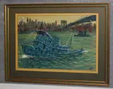 Tug Boats Passing Under the Brooklyn Bridge by J. Herr, Watercolor with gouache highlights on paper, sold Jan 2021