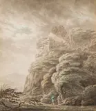Figures in a stormy upland landscape by Adrian Jacob Van Dielen, watercolor, offered Apr 2024