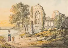 Lakeside ruins of a medieval cloister by John Laporte, 1822, watercolor, offered Apr 2024