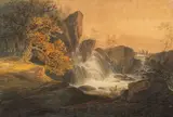 Travellers crossing a bridge by a waterfall Watercolour 20 by William Payne, watercolor, sold Apr 2024