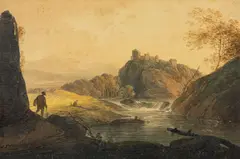 Travellers beside a river with a castle beyond Watercolour 20 by William Payne, watercolor, sold Apr 2024