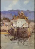 A costal scene with a town beyond by Charles Eyres Simmons, watercolor, sold Apr 2024