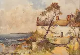 A Continental town centre with a view of the church by Charles Eyres Simmons, watercolor, sold Apr 2024