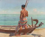 A fisherman with his boat looking out to sea Oil by Rupert Pease, Oil on canvas, sold Feb 2024