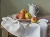 Still life of apples on a table Oil by Gerald Norden, oil, sold Feb 2024