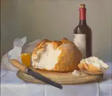 Still life with wine and cheese Oil by Gerald Norden, oil, sold Feb 2024