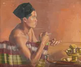 Seated man smoking at a table with brass vessels Oil on by Rupert Pease, oil, sold Feb 2024