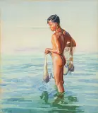 A naked fisherman in shallow waters Watercolour 35 by Rupert Pease, 1936, watercolor, sold Feb 2024