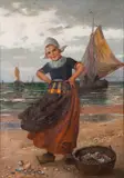 Dutch girl collecting shells Oil by E. Louyot, oil, sold Jan 2024