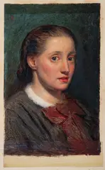 Portrait of a young woman with a red bow by Edward Davis, oil, sold Jan 2024
