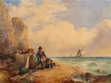 Coastal Scene with a fisherman standing by his boat by James Webb, 1851, watercolor, sold Jan 2024