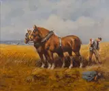 Horses working the harvest Oil by D. Long, oil, sold Oct 2023