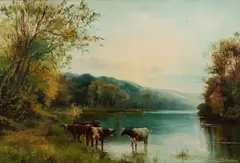 A river scene with cattle watering Oil by John Fulleylove, oil, offered Oct 2023