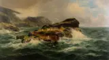 Seagulls on coastal rocks Oil by Peter Graham, oil, sold Oct 2023