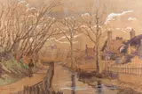 A lady walking along a riverside by Margaret Rowney, 1962, Pen, ink and watercolour, offered Oct 2023
