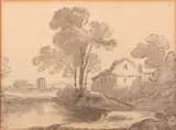 Landscape with Cottage and Lake Pen by Withdrawn David Cox, Pen, ink and grey wash, offered Oct 2023