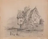 A riverside half-timbered house Pencil 21 by George Rowney, drawing, offered Oct 2023