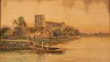 River scene with a group of figures punting by Daniel Sherrin, watercolour, sold Jul 2023