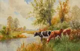 Watering cattle by Arthur Wilkinson, watercolor, sold Jul 2023