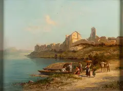 Mediterranean coastal view by William Raymond Dommersen, oil, sold Jul 2023