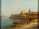 Mediterranean coastal view by William Raymond Dommersen, oil, sold Jul 2023