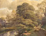 A wooded riverbank with a fisherman by John Joseph Hughes, oil, sold Jul 2023