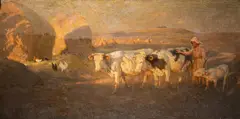 A young woman herding cattle in a sunlit evening landscape by Frederick Hall, oil, sold Jul 2023