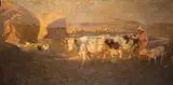 A young woman herding cattle in a sunlit evening landscape by Frederick Hall, oil, sold Jul 2023