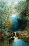 A couple beside a woodland brook by William Widgery, oil on board, offered Jul 2023
