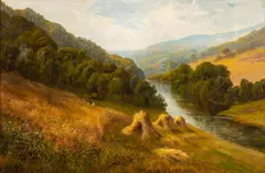 Harvesting in the valley by Daniel Sherrin, oil on canvas, sold Jul 2023