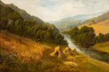 Harvesting in the valley by Daniel Sherrin, oil on canvas, sold Jul 2023