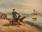 Hare Coursing by J.C. Mitchell, 1879, Oil on board,22 x, sold Jul 2023