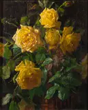 Still life of yellow roses by H.C. Oakley, oil on panel, sold Jul 2023