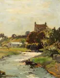 River scene with farm buildings by Hubert Coop, oil on canvas, sold Jul 2023