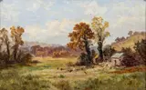 Landscape view with a farmstead and chickens by Alfred Bevan Collier, 1907, oil on canvas, offered Jul 2023
