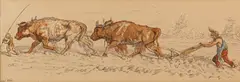 Ploughing with oxen by Ernest Henri Griset, ink and watercolour, offered Jul 2023