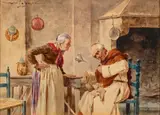 Interior scene with a monk and elderly lady by Virgilio Colombo, watercolour, sold Jul 2023
