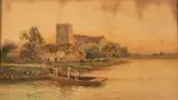 River scene with a group of figures punting by Daniel Sherrin, watercolor, offered Jul 2023